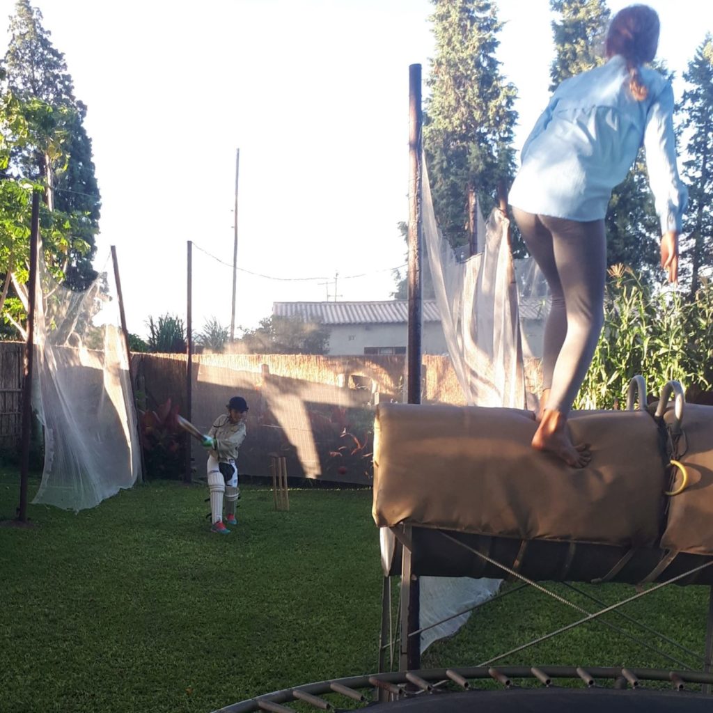 Trampoline and cricket. 