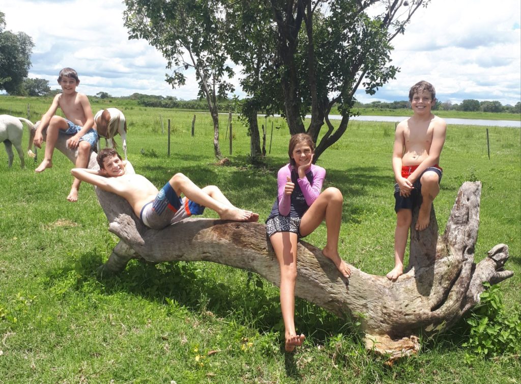 happy children on the farm log after swimming. 