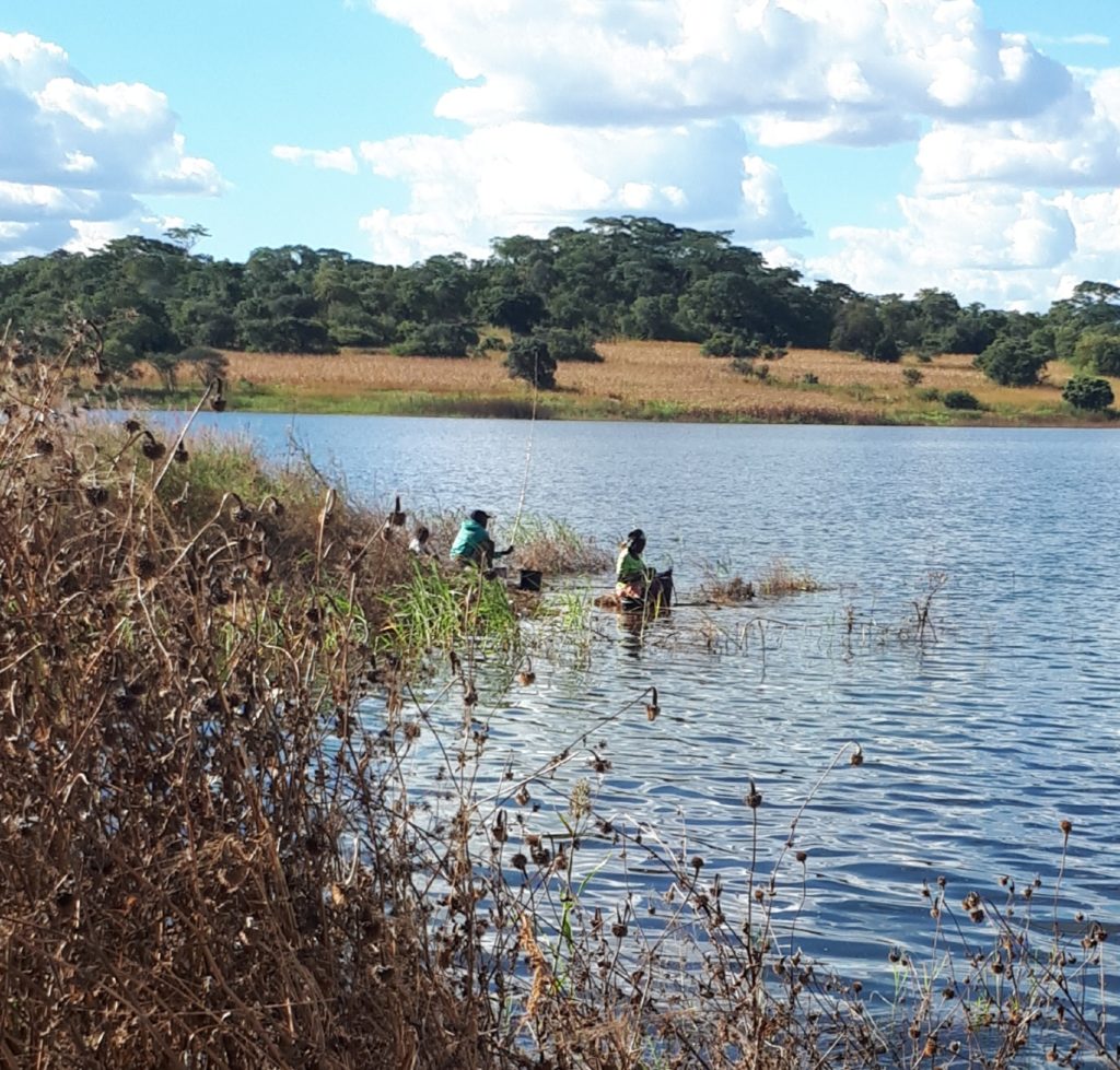 women fishing on the farm dam. 