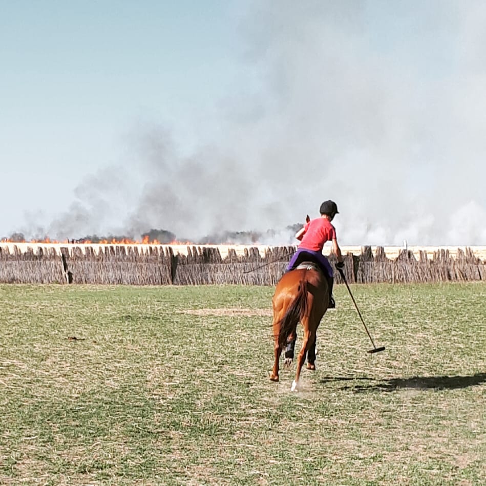 Fire in the background whilst practicing polo.