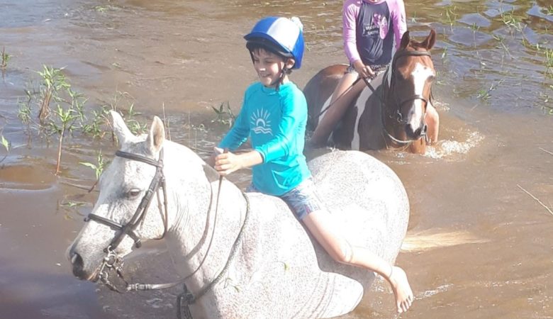 kids swimming their ponies in the dam.