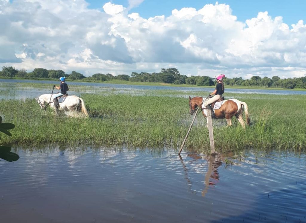 riding ponies through the dam water. 