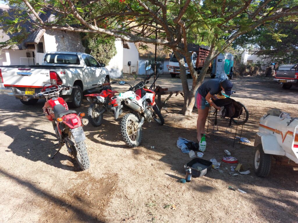 cleaning tack in the garden.